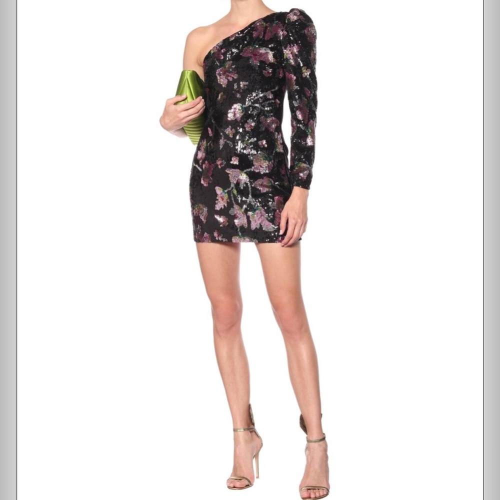 Self-Portrait Midnight Bloom One Shoulder Sequined Cocktail Dress - Picture 2 of 8